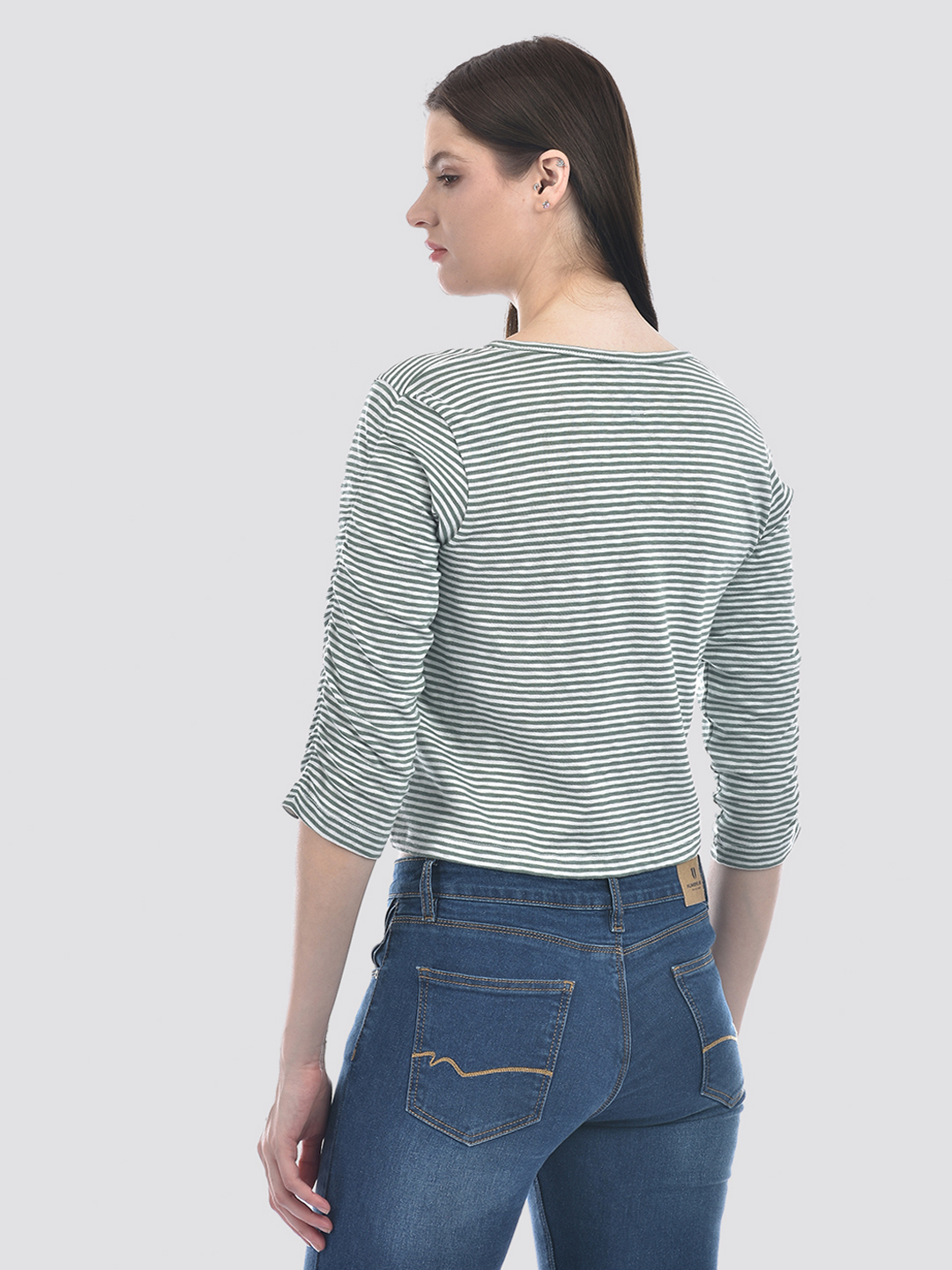 Numero Uno Women Green & White Striped Henley T-Shirt